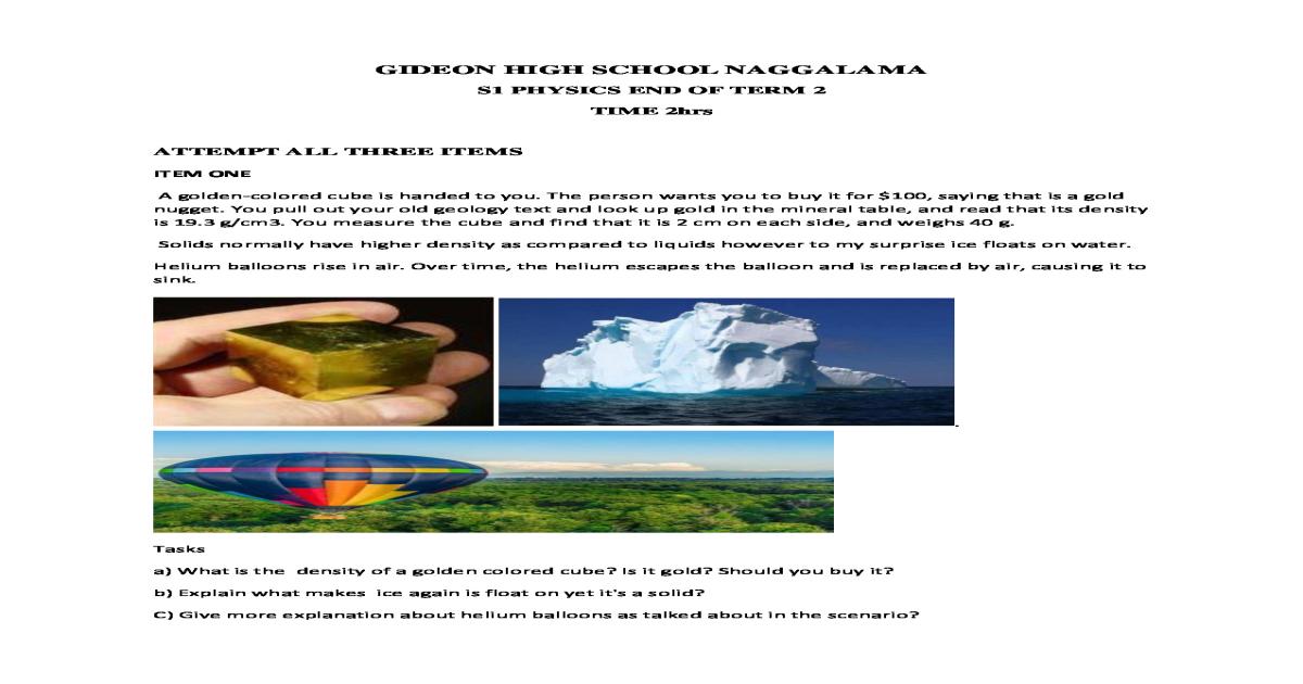 Physics S1 scenario items