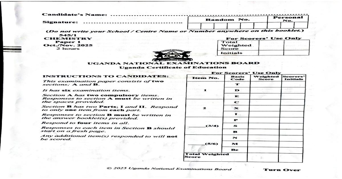 UCE Chemistry Paper 1 2025 UNEB