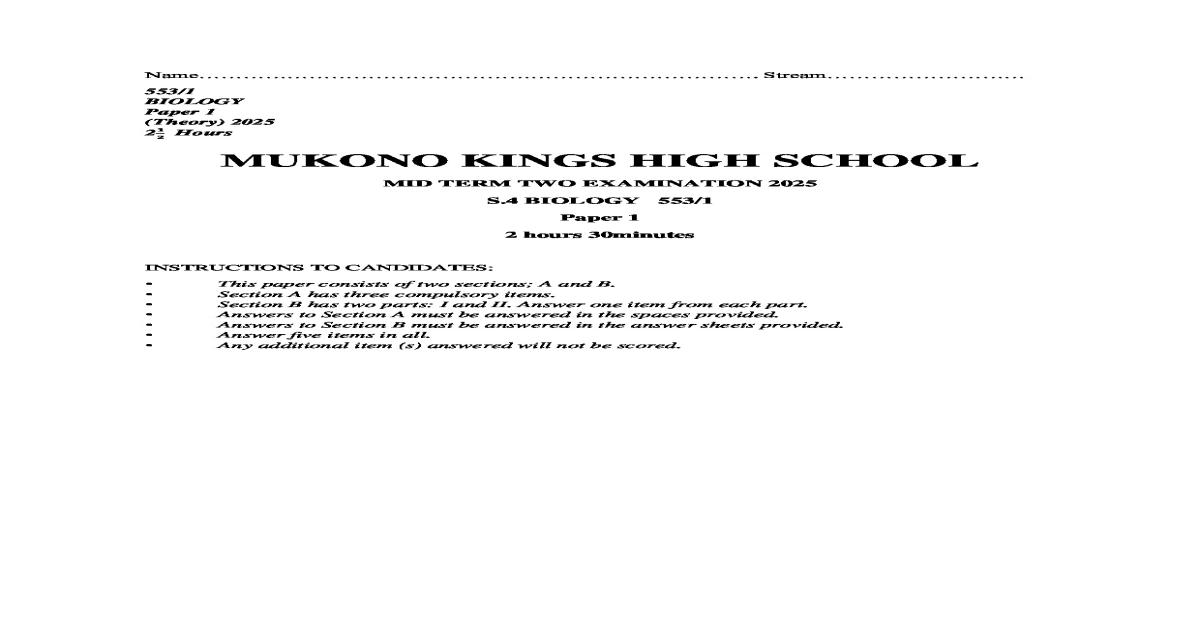 S.4 Biology Paper 1 Mid Term 2025