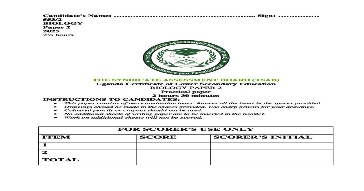 TSAB CBC Biology Paper 2 Practical Paper