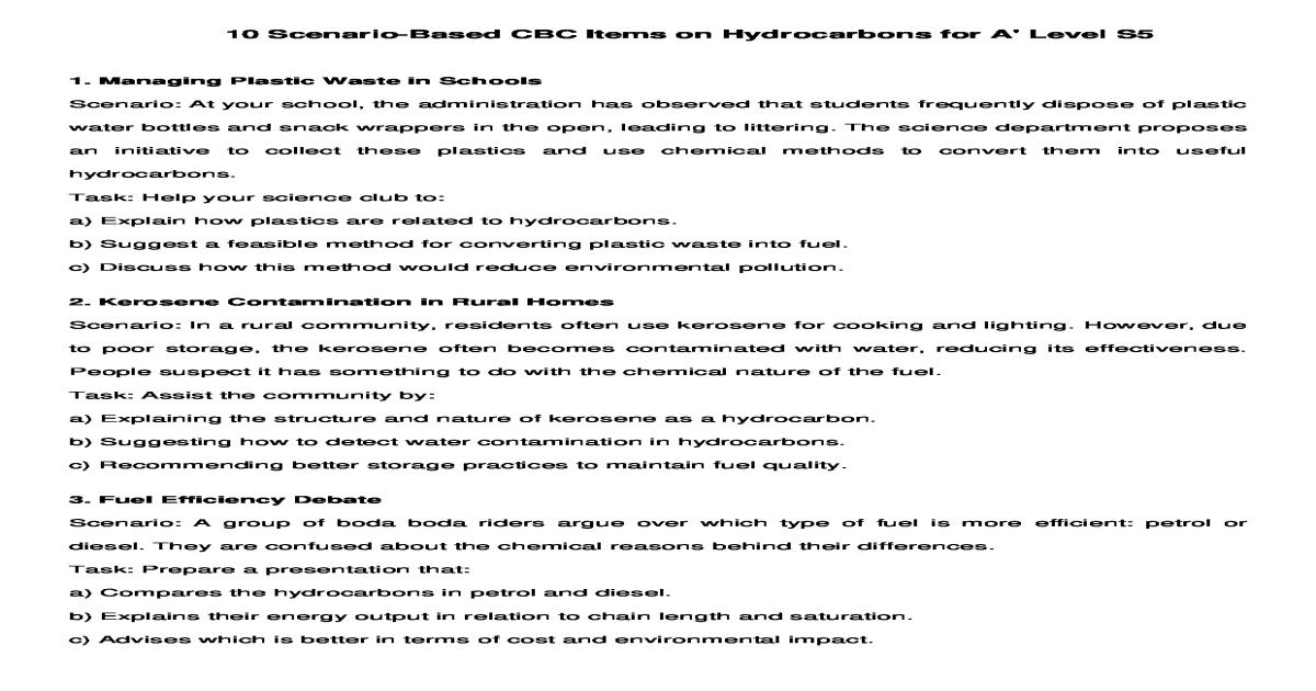 10 Scenario-Based CBC Items on Hydrocarbons for A' Level S5