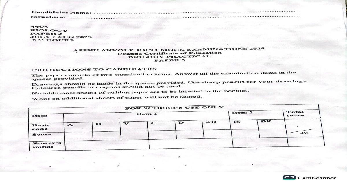 ASHHU Mbarara UCE Biology 553/3 2025
