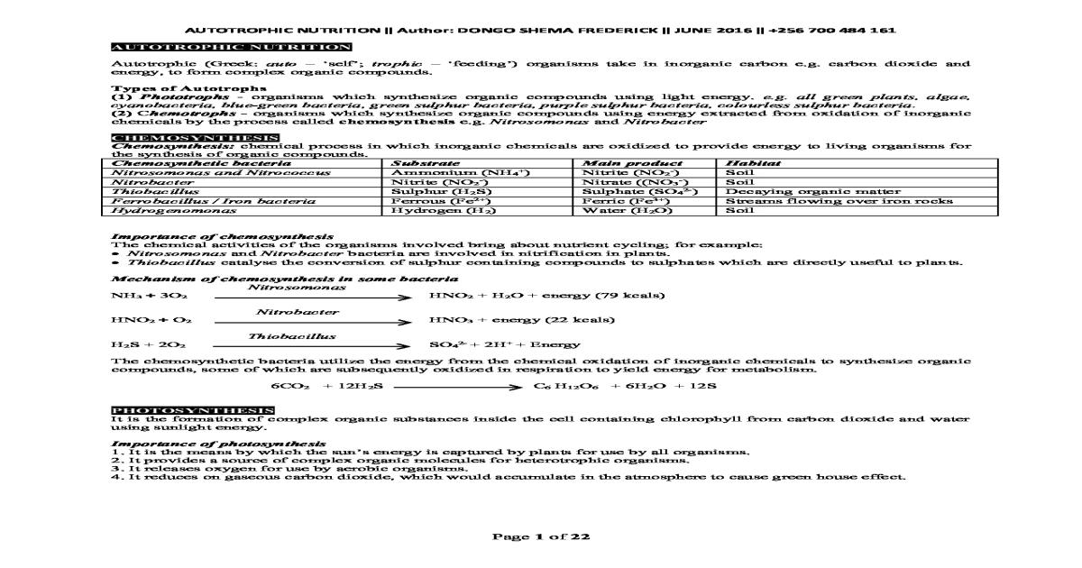 AUTOTROPHIC NUTRITION NOTES