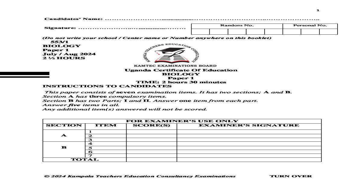 KAMTEC S.4 Biology Paper 1