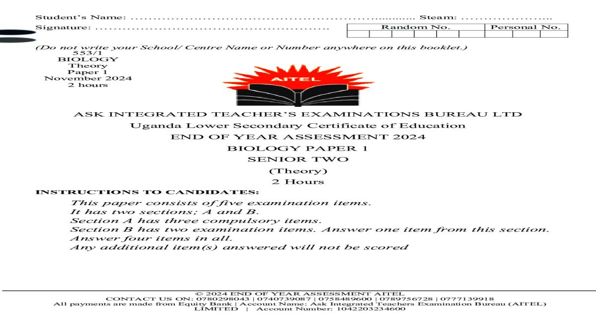 BIOLOGY 1 AITEL  S.2 ASSESSMENT