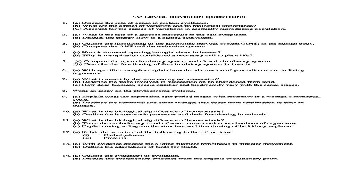 1000 BIOLOGY REVISION QNS A LEVEL