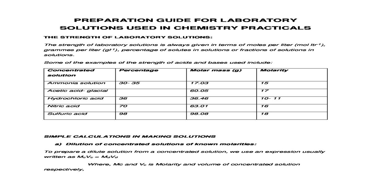 CHEMISTRY PREPARATION GUIDE  FOR LABORATORY