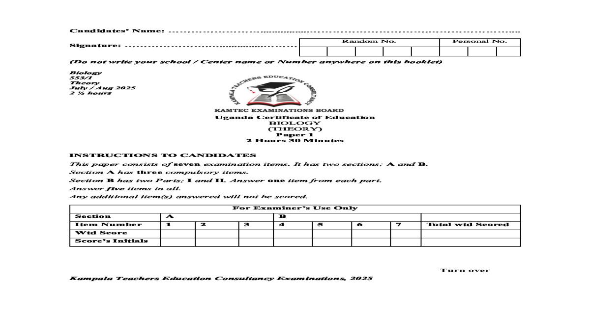 KAMTEC BIOLOGY PAPER 1 O LEVEL 2025.(theory)