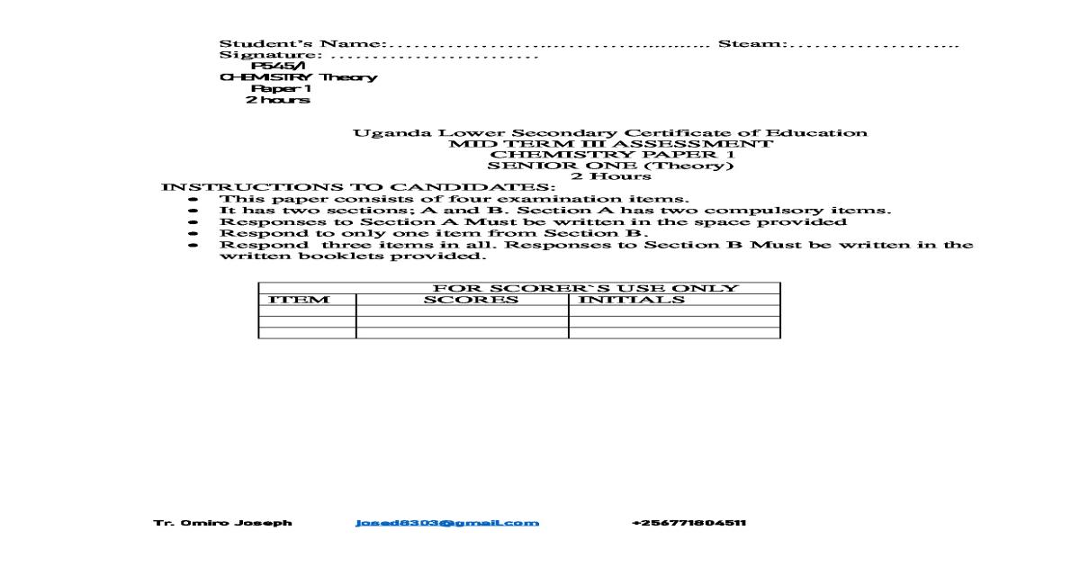 Senior One Chemistry Paper 1 Term Three Assessment Examination