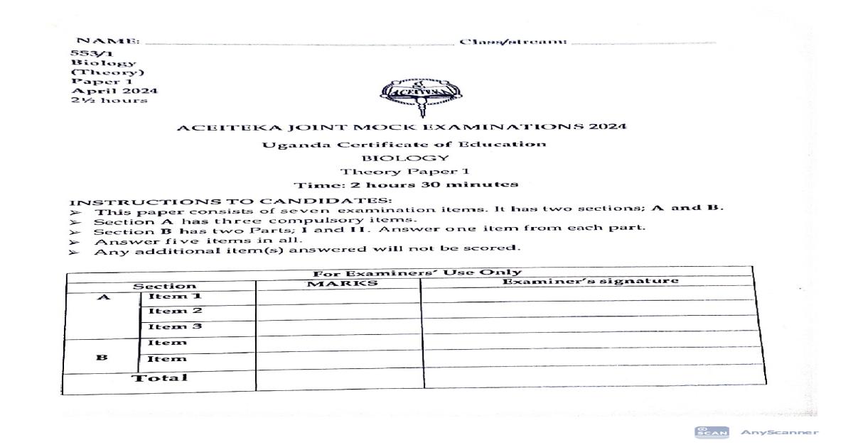 ACEITEKA Biology Paper 1 Mocks 2024