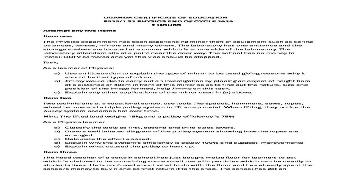 Senior 2 (S2) End of Year Physics Examination Paper 2025