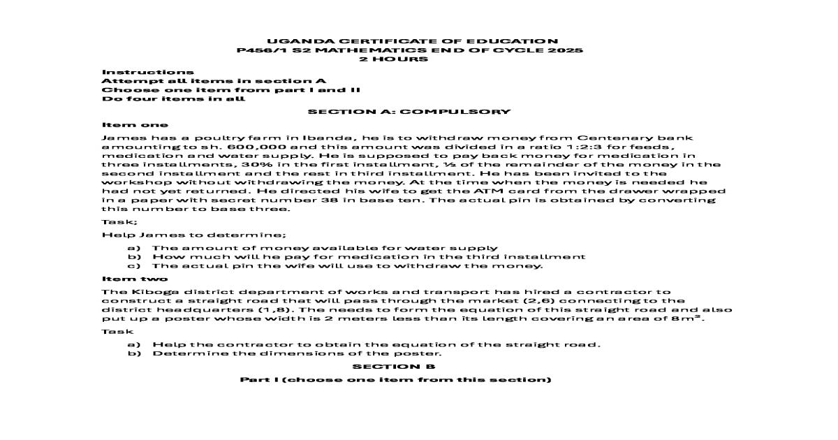 Senior 2 Mathematics End of Year Examination Paper 2025