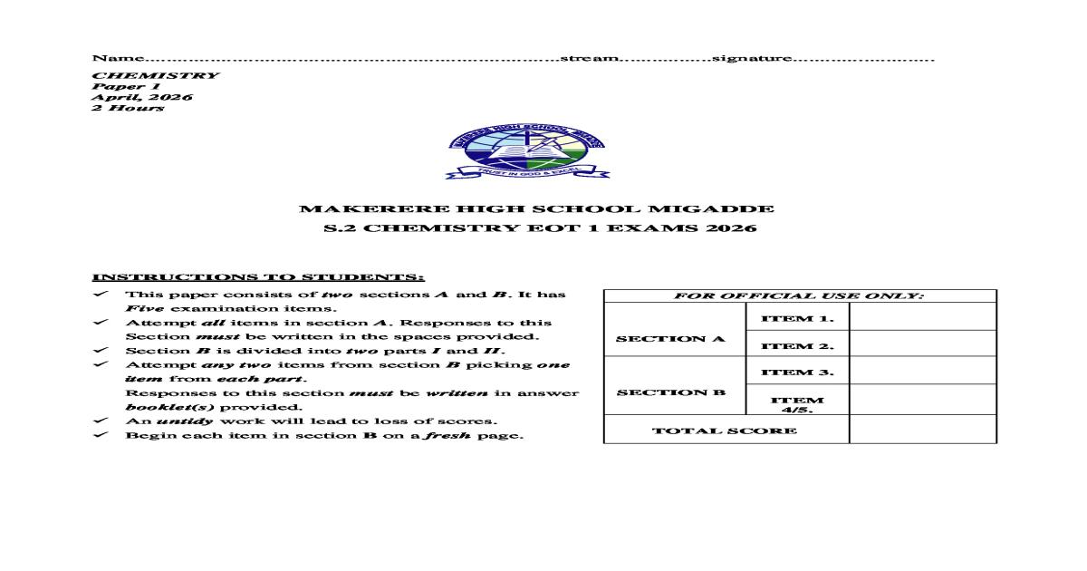 S.2 Chemistry End of Term Exam Paper (MHSM)