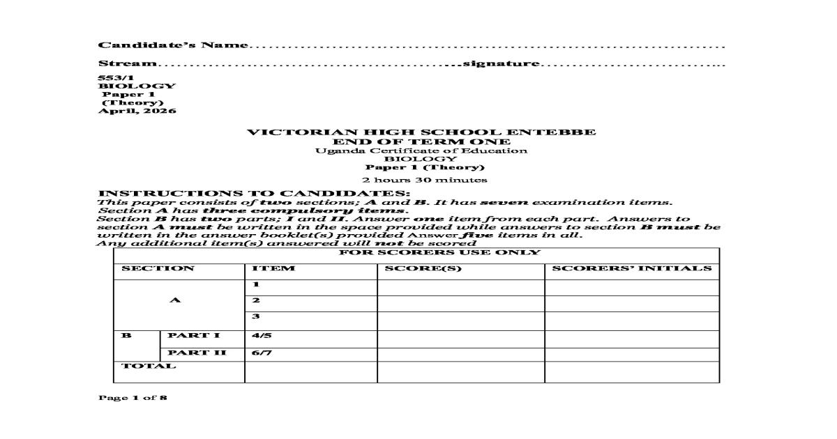 Biology Senior 4 End of Term 1 Exam Paper 2026