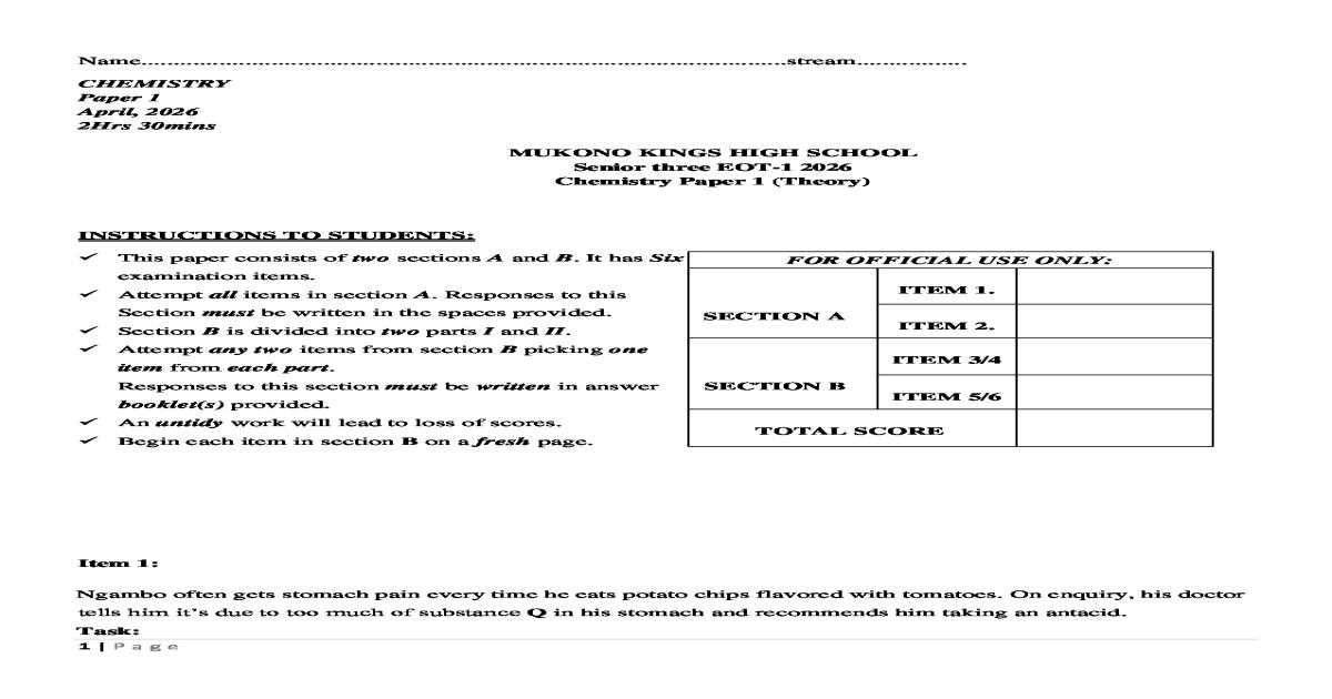 UCE Senior 3 Chemistry End of Term 1 Exam Paper