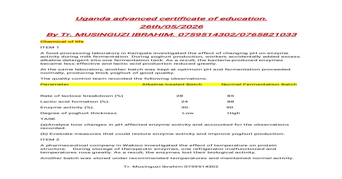 UACE Biology Paper 1 Questions by Tr. Ibra - Uganda Advanced Certificate of Education