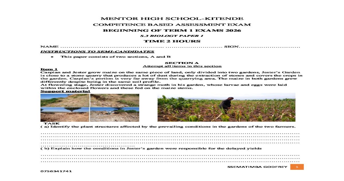 Senior 3 Biology Beginning of Term 1 Exam Paper (2026)