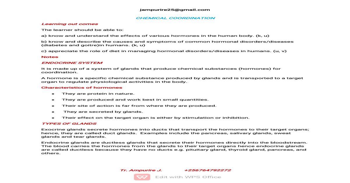 A Level Biology Notes: Chemical Coordination (CBC)