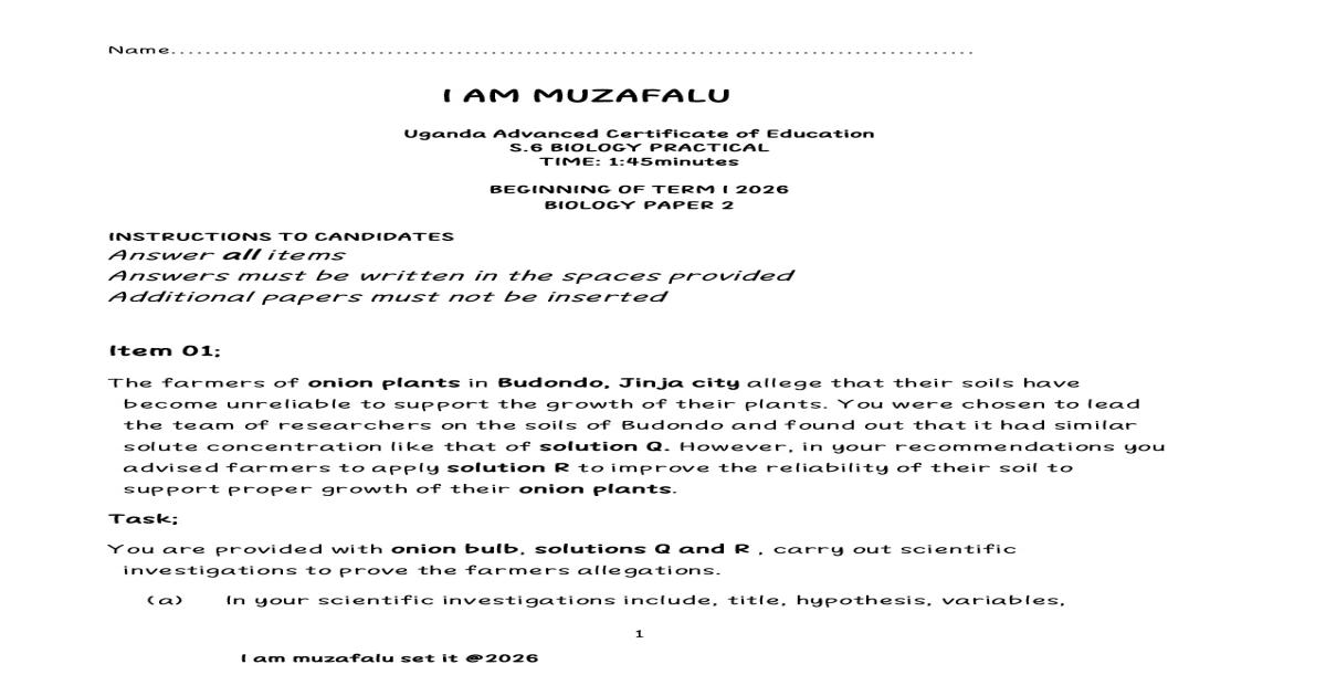 S.6 Biology Paper 2 Exam - Term I 2026