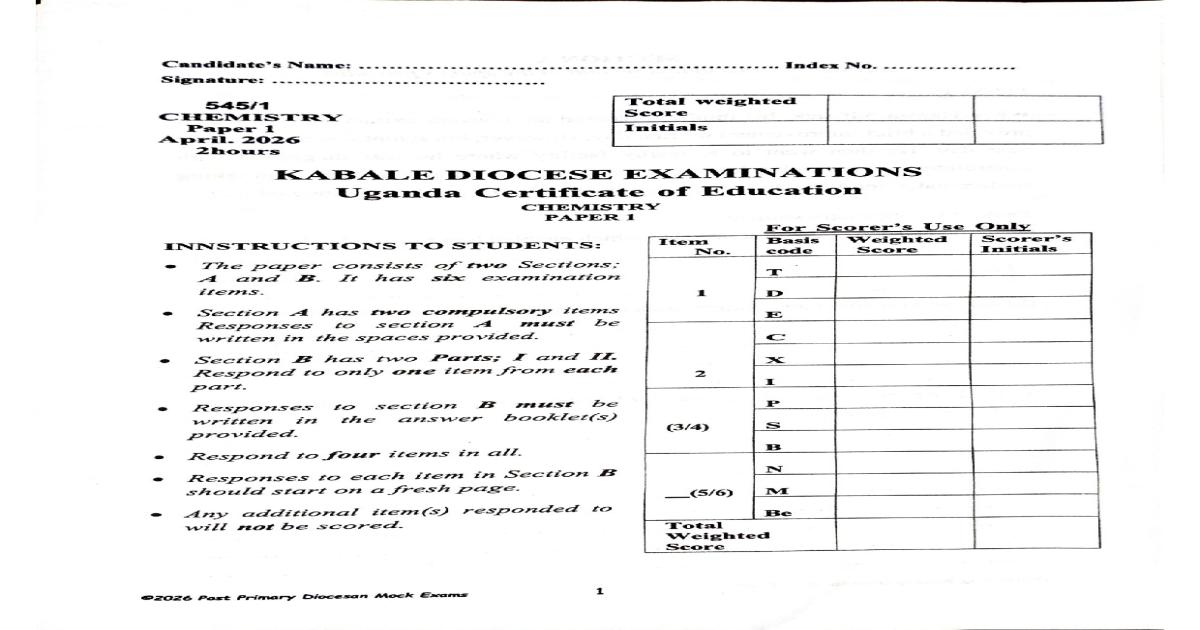 Kigezi Diocese Mock Examination: Chemistry Paper 1