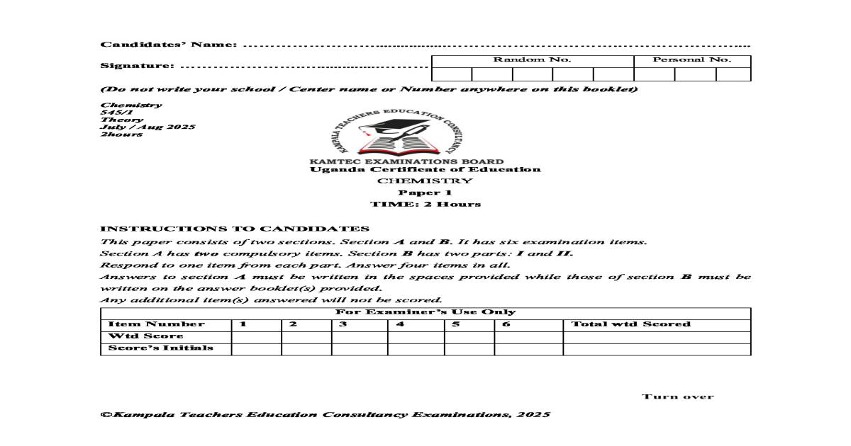 KAMTEC UCE Chemistry Paper 1 2025 Mock Exam CBC