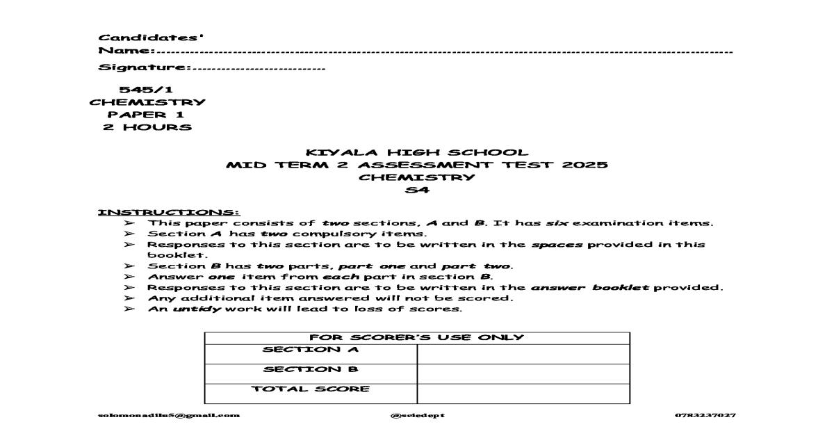 S4 Chemistry Mid-Term 2 Exam Paper