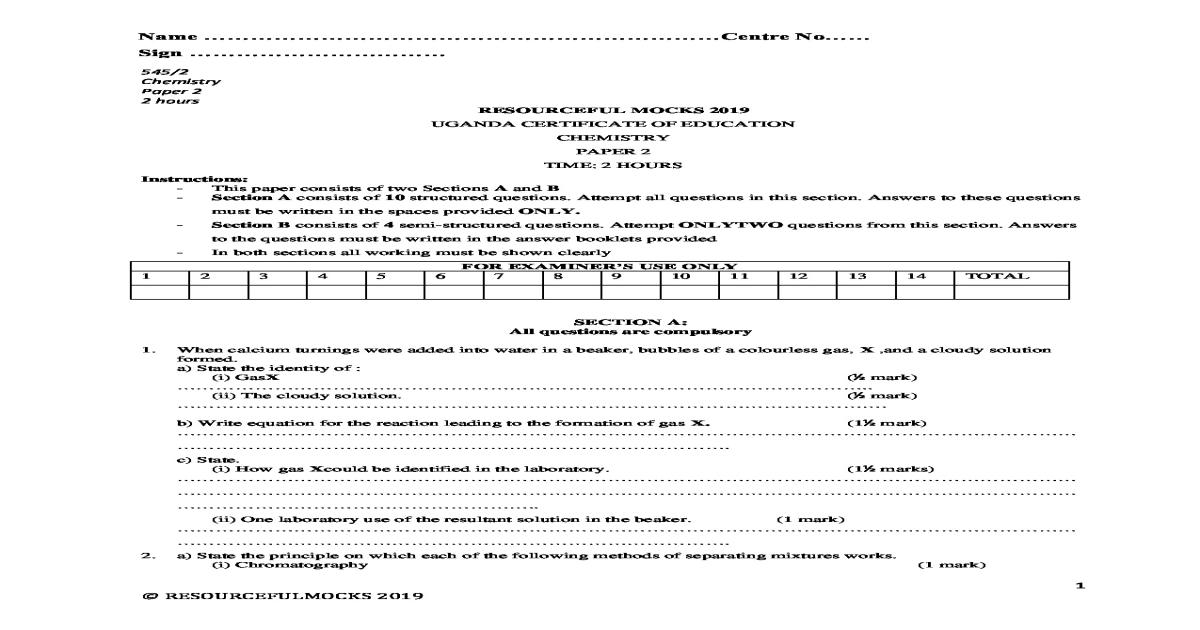 Uganda Certificate of Education (UCE) S4 Chemistry Paper 2