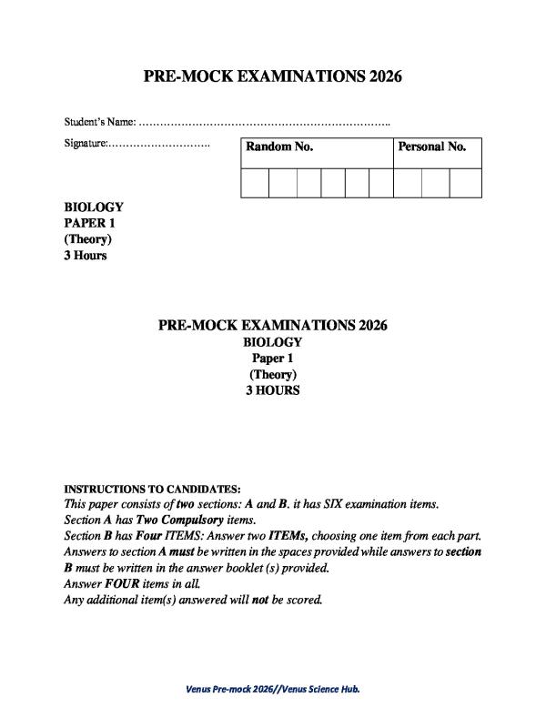 Uganda UACE Biology Paper 1 Pre-Mock Assessment 2026 by Venus