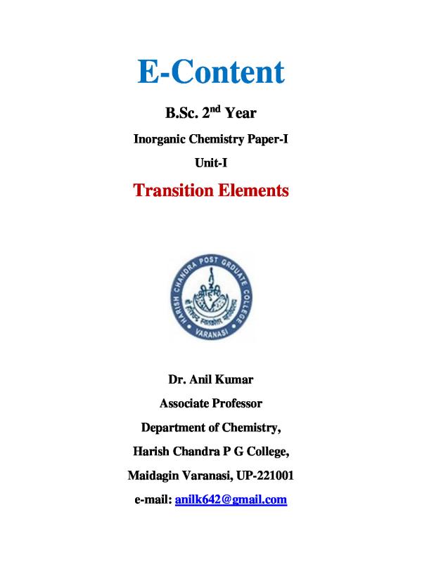 Transition Elements - Inorganic Chemistry Paper I (B.Sc. II)