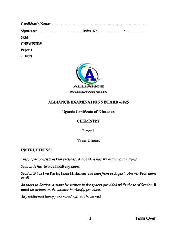 Alliance Schools Chemistry Paper 1 (2025) Mock Examination