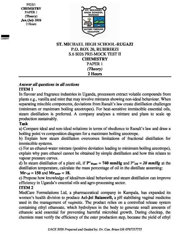 S.6 Chemistry Paper 1 Pre-Mock Test 2 - 2026 (UNEB)