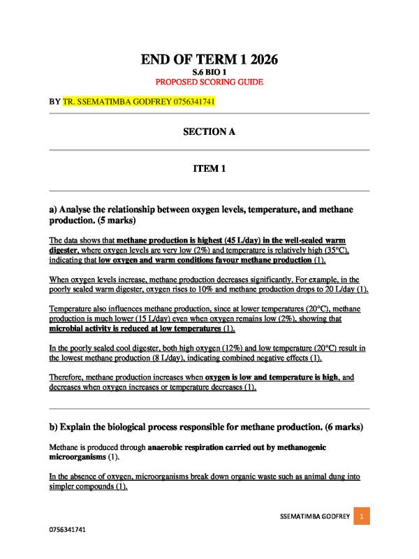 S6 Biology Paper 1 End of Term 1 Proposed Guide 2026