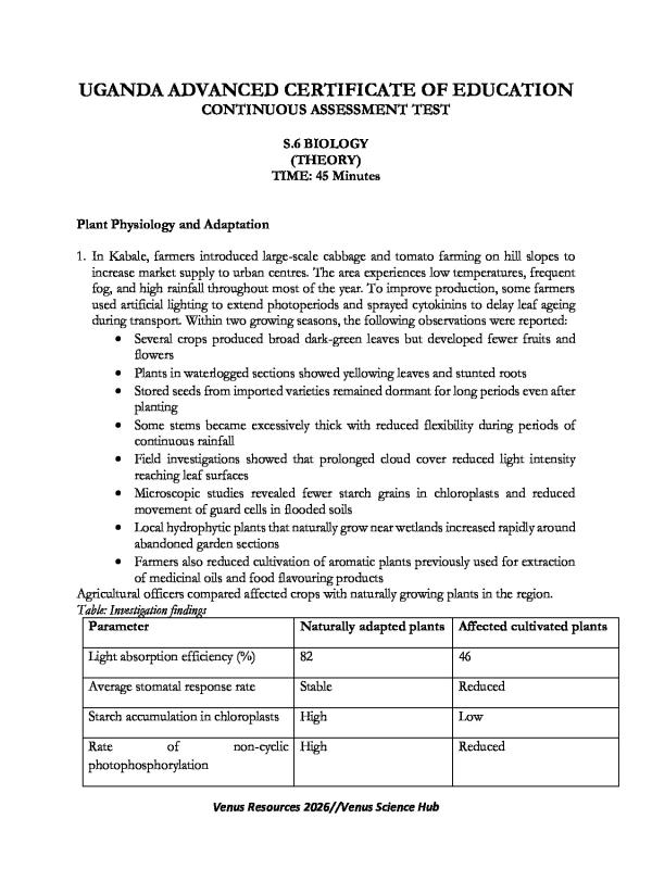 UACE Biology Continuous Assessment Test