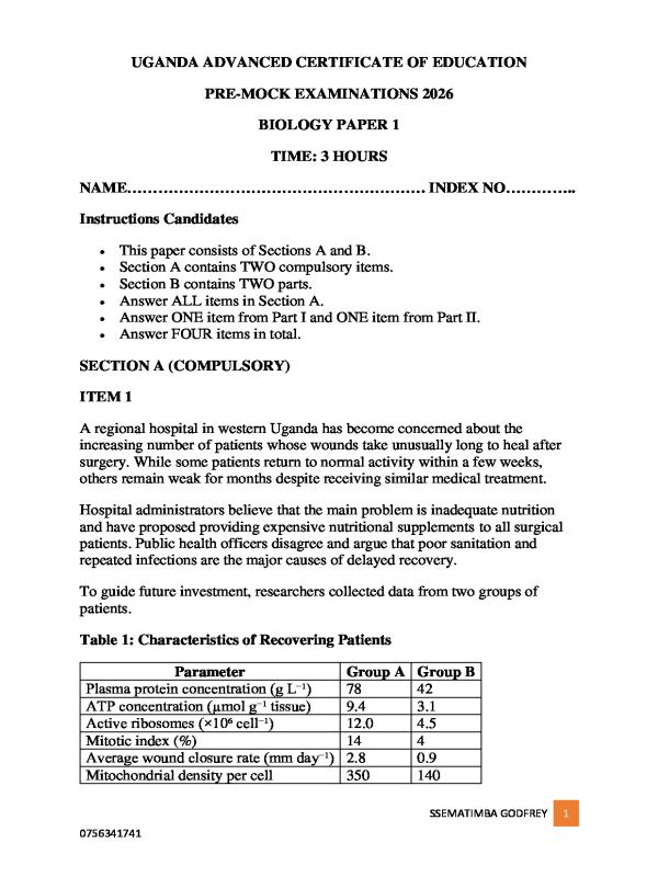 S.6 Biology Pre-Mock Examinations 2026
