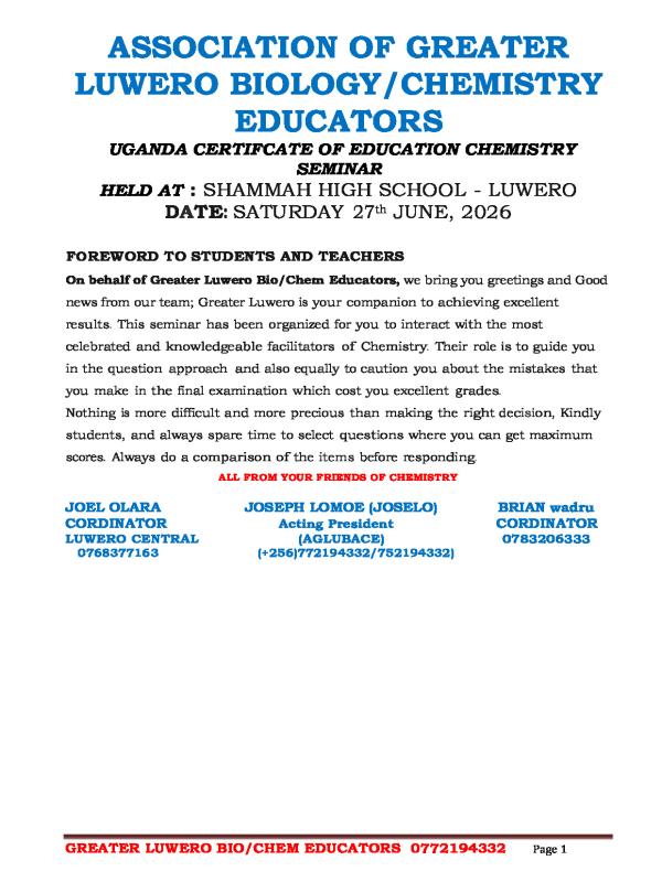 Greater Luwero O Level Chemistry Seminar Materials Solutions - June 27, 2026