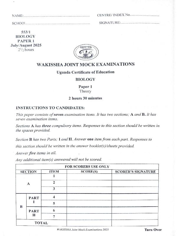 UCE Biology Paper 1 (2025) - Uganda Certificate of Education CBC