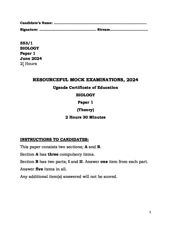 UNEB Biology Paper 1 Resource Mock Exam Questions