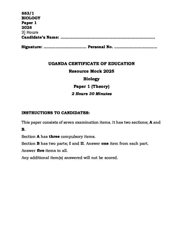 UCE  Biology RESOURCE Mock Paper 1 (P1) 2025