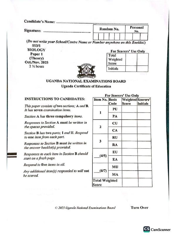 UNEB UCE Biology Paper 13-10-2025