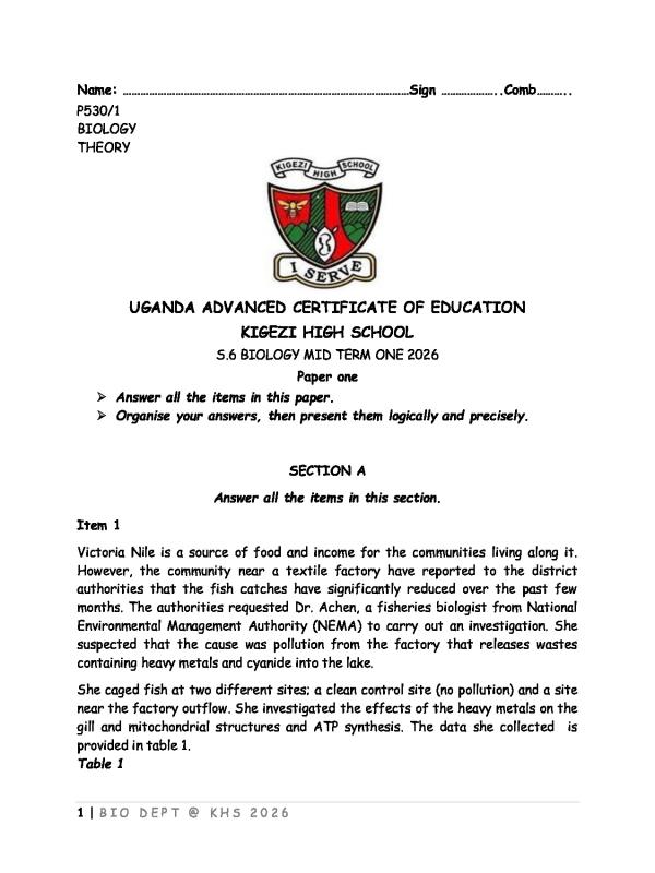 Senior Six (S.6) Biology Paper 1 2026