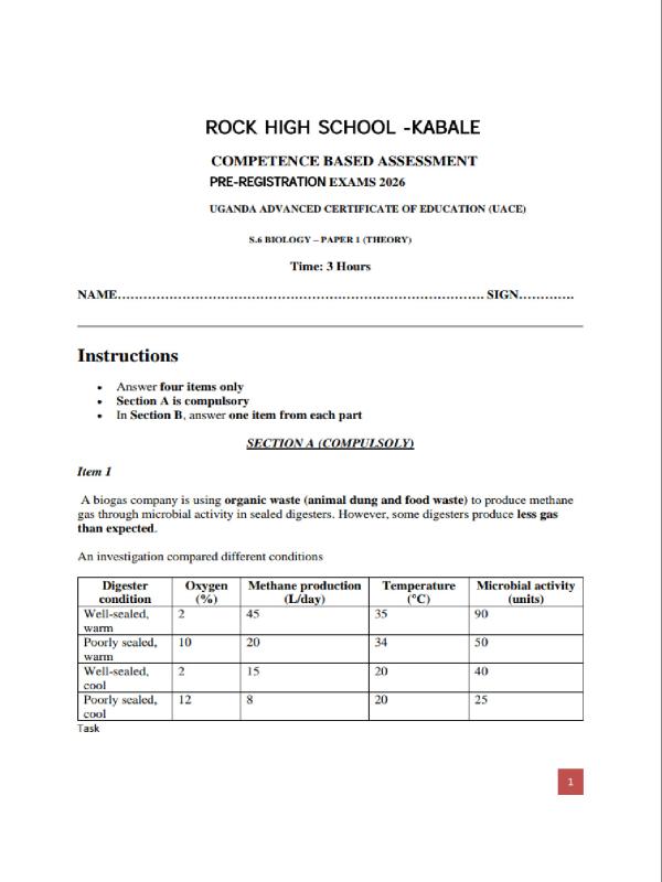 S.6 Biology Paper 1 Past Paper