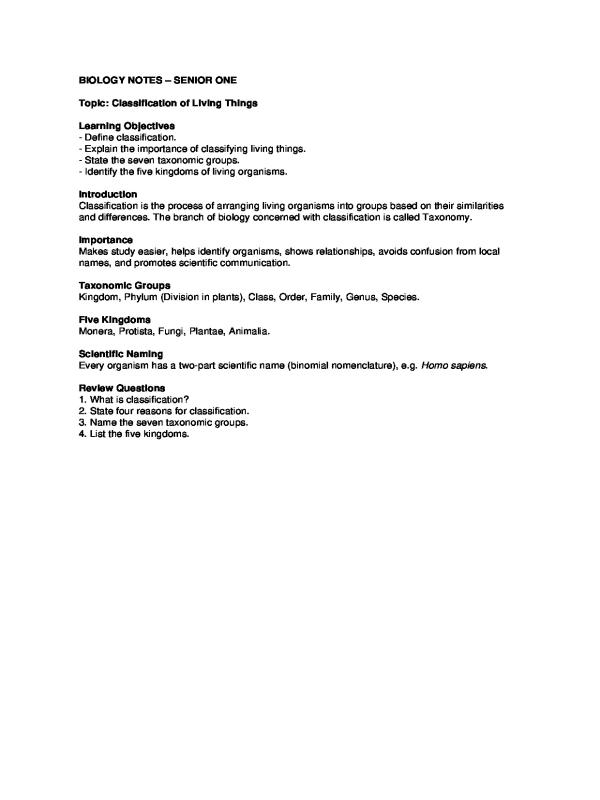 Senior one biology classification of living things notes