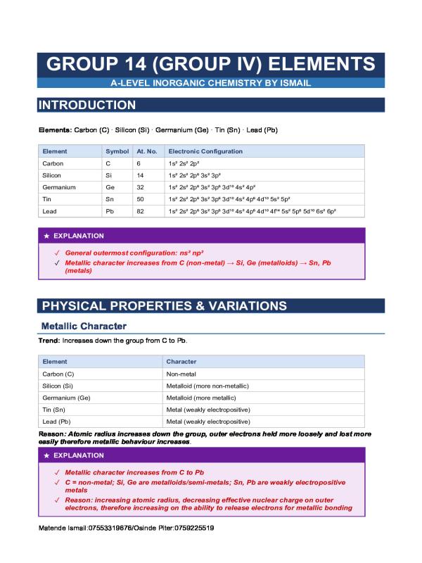 Group IV Inorganic Chemistry Notes