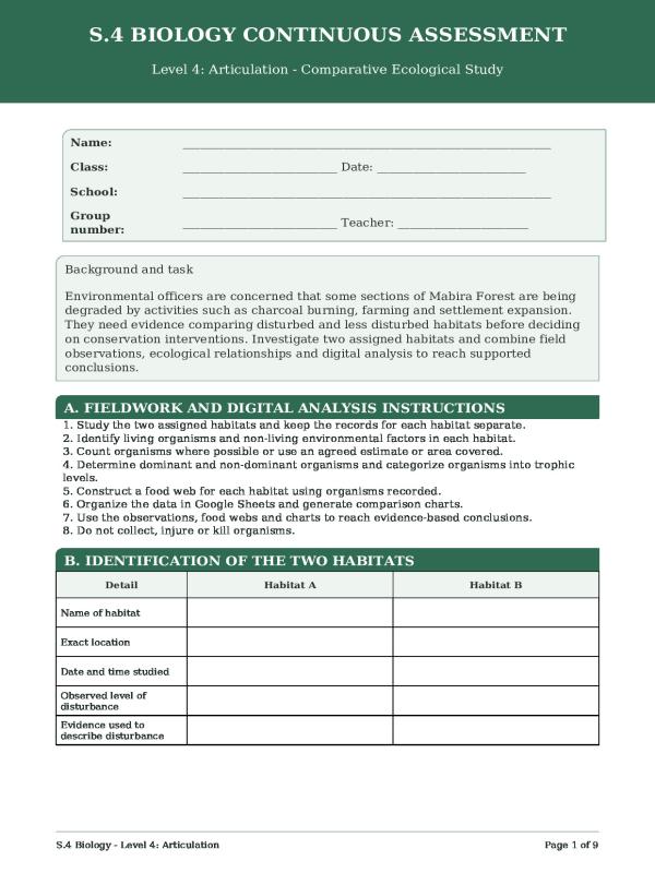 Senior 4 Biology Term 2 Continuous Assessment Instrument (CAI) Template