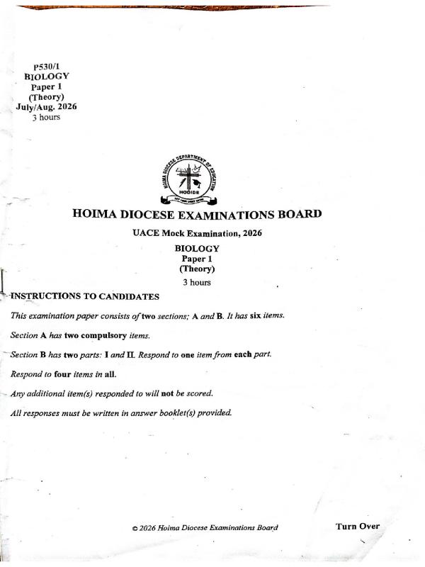 UACE Hoima Diocese Biology Paper 1