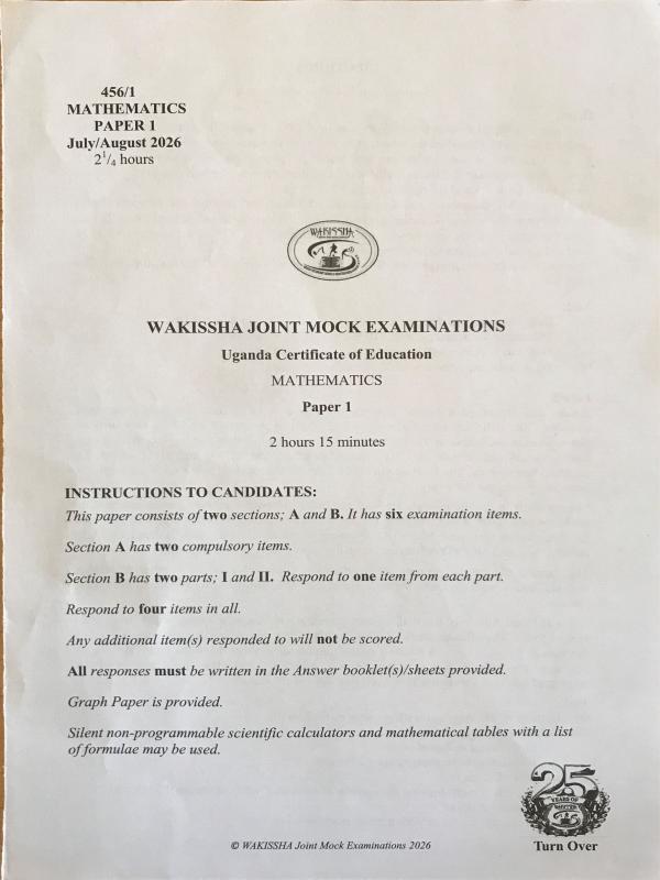 Wakisha UCE 2026 Mathematics Mock Exam