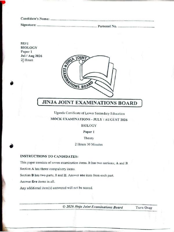 UCE Biology Paper 1 (JJEB) 2026 Examination Paper