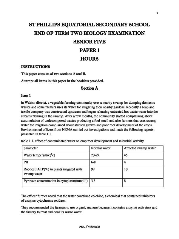 Senior 5 (S5) Biology Paper 1 End of Term 2 Exam
