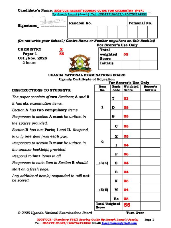 2025 UCE Chemistry Paper 1 (545/1) Scoring Guide
