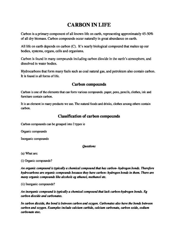 S3 Chemistry Notes: Carbon in life